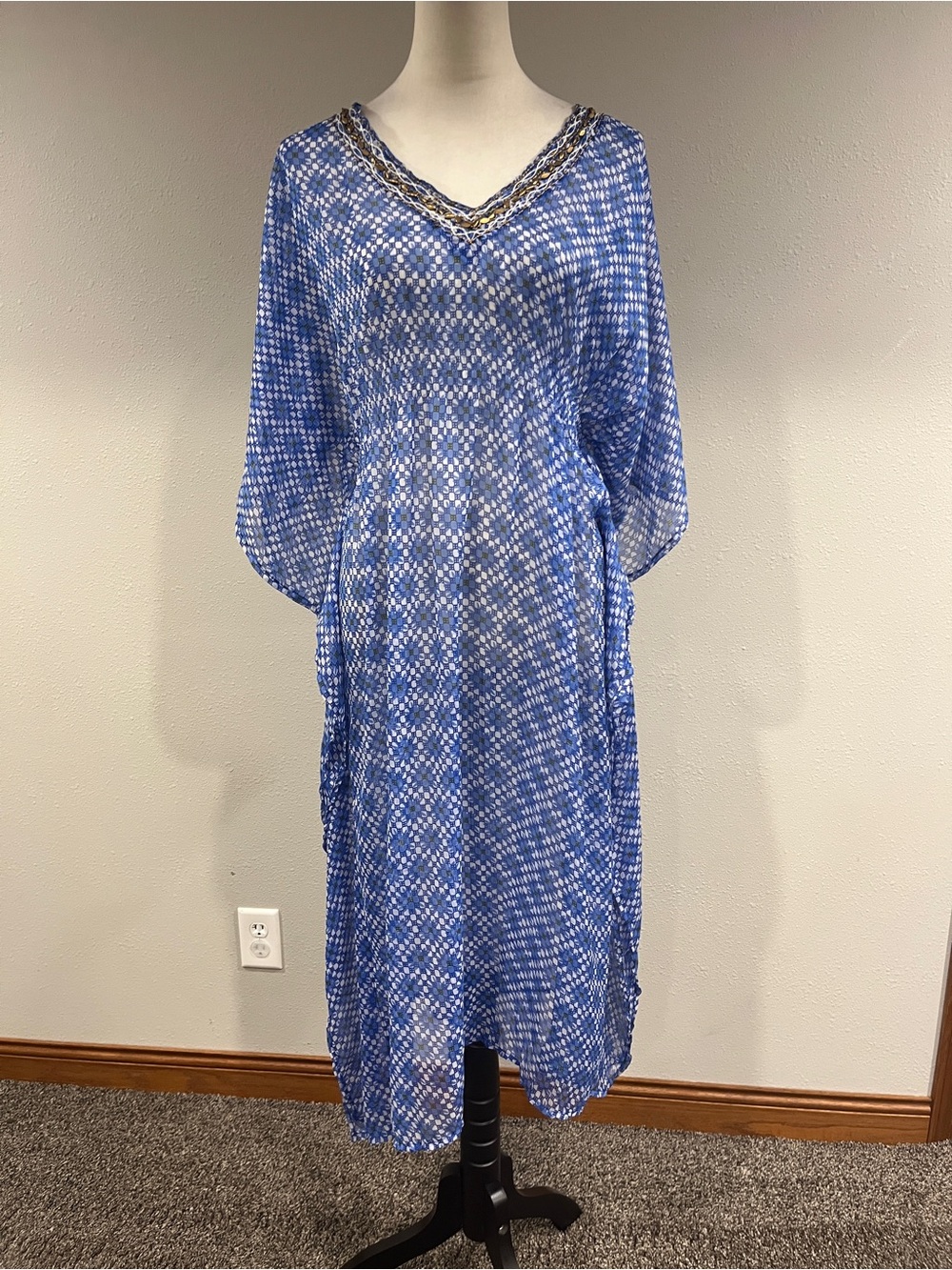 Blue Patterned V-Neck Caftan swim cover up sheer Dress with Embellished neck